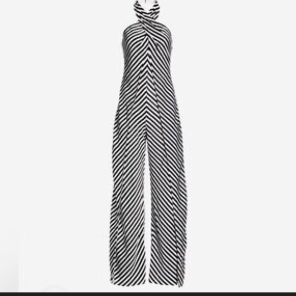 Boston Proper Black & White Stripe Halter Wide-Leg Jumpsuit - Picture 4 of 5
